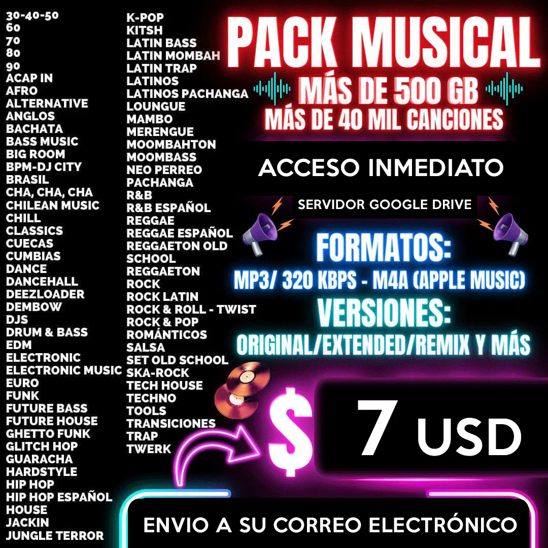 PACK MUSICAL MÁS DE 500 GB MÁS DE 40 MIL CANCIONES